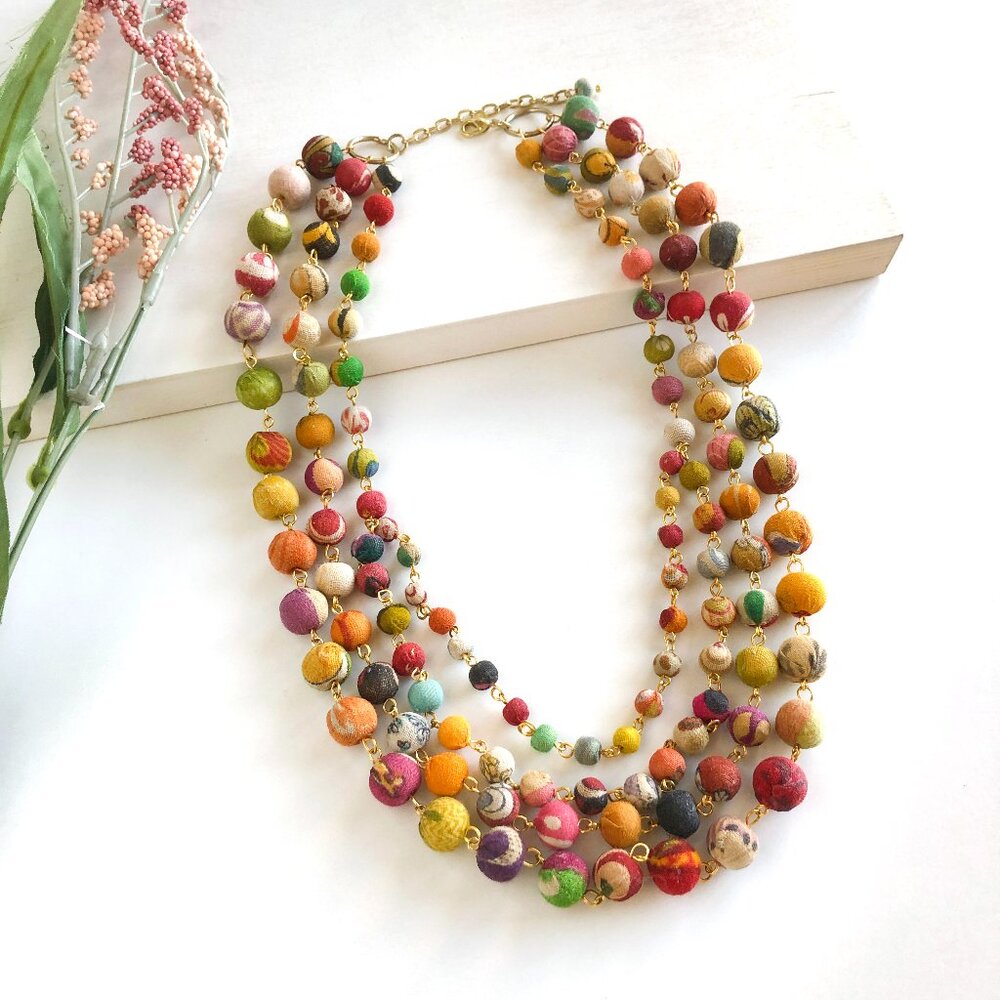 Fair Trade NWT Linked Beads 4 Strands Necklace Handmade Upcycled Kantha Fabric - Picture 3 of 16